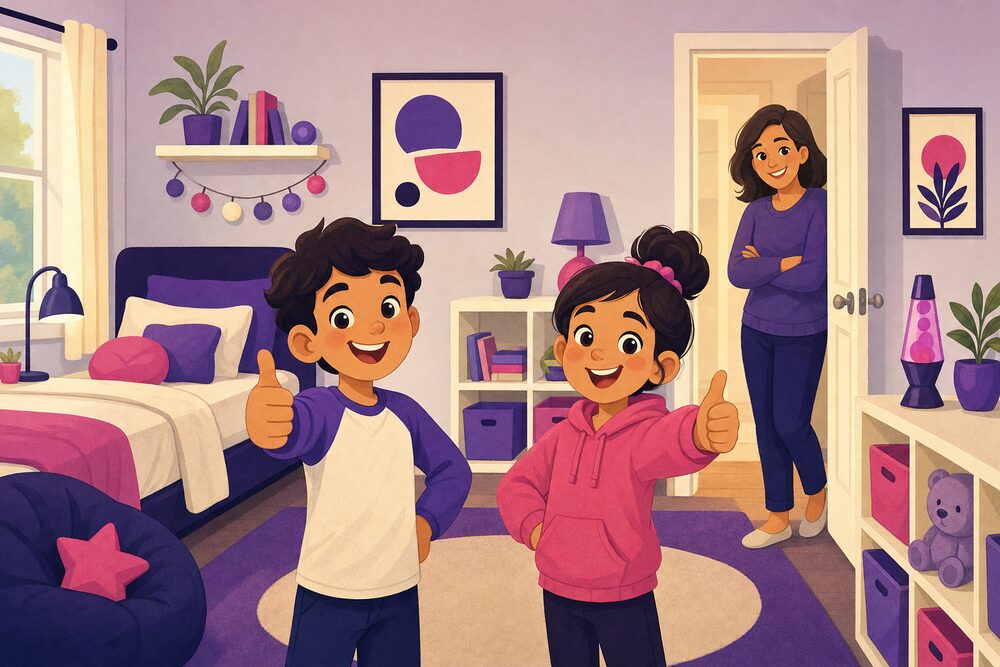 Two kids showing off a tidy bedroom while their parent smiles