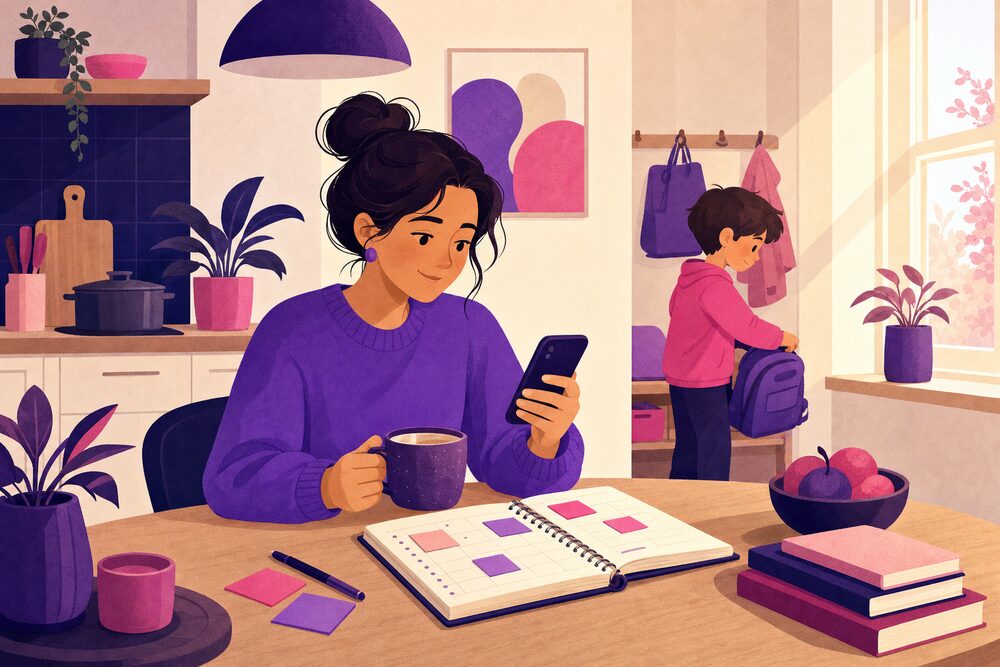 A parent planning the day’s household tasks on a phone at the kitchen table