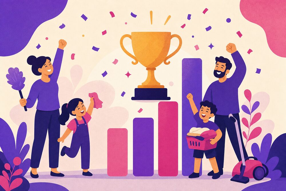 A family celebrating next to a trophy and a fair-share report chart