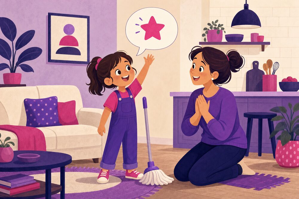 A child holding a mop offers to help while the parent smiles